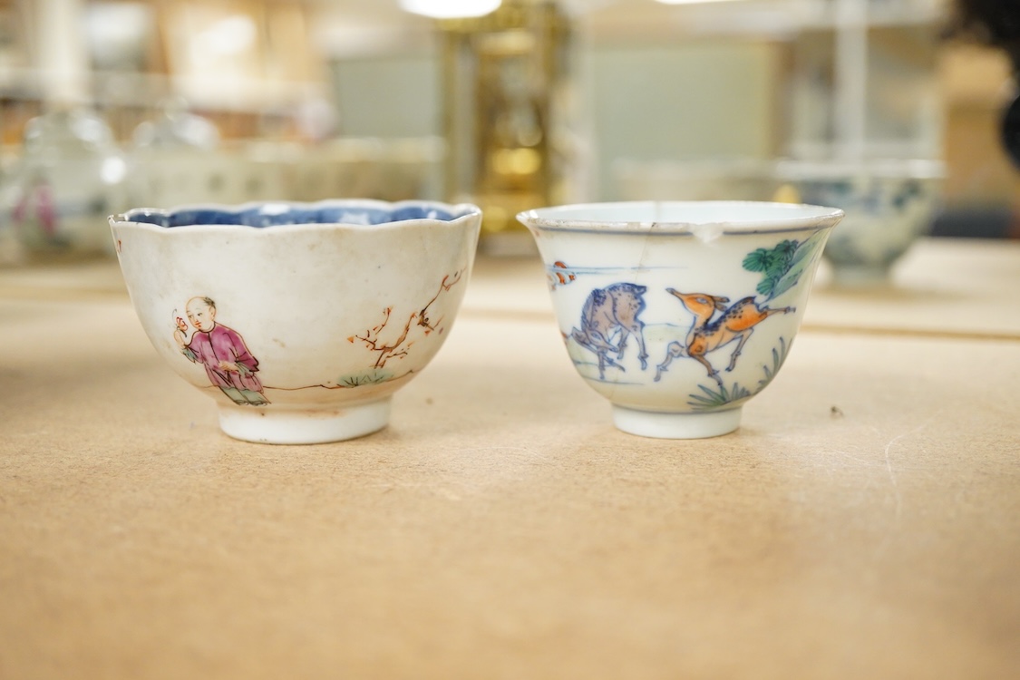Two Chinese teacups, one Doucai with Chenghua mark, the other famille rose, tallest 4.5cm
